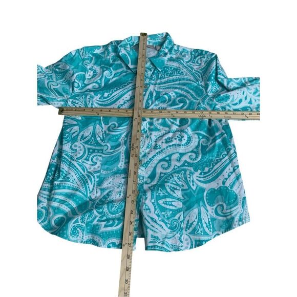 GREAT CONDITION WOMEN CHICOS CHICOS White Aqua Blue Graphic Aztec Button Up SHIR - Picture 7 of 7